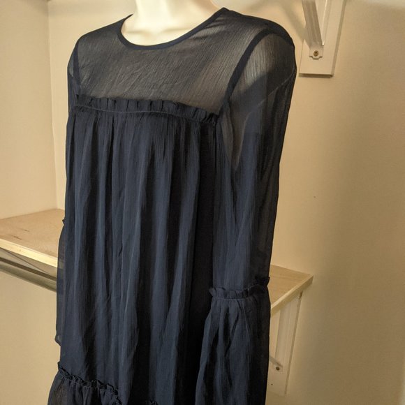 H&M Navy Boho Dress with Sheer Neckline and Bell Sleeves - Picture 2 of 6